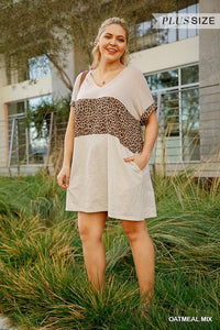 Linen Blend Short Folded Sleeve Animal Print Colorblocked V-neck Dress With Pockets