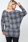 Boat Neck, Plaid Print Tunic Top, With Long Dolman Sleeves