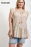 Woven Prints Mixed And Sleeveless Flutter Top With Tassel Tie