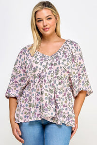 Floral V-neck Babydoll Balloon Slv Top