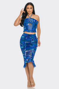 Tropical Waters Print Mesh Ruffle Halter Skirt Set