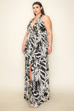 Crinkle Satin Printed Halter Ruffled Detail Smocked Waist Slit Frt Maxi Dress