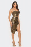 Pu Cheetah Print Top & Front Wrap Slit Skirt Set