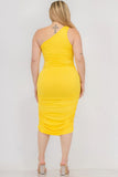 Plus Size Sexy Solid Color Ruched One Shoulder Midi Bodycon Dress