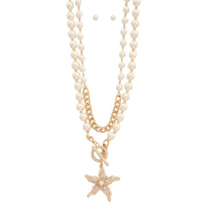 Star pendant pearl bead toggle clasp layered necklace