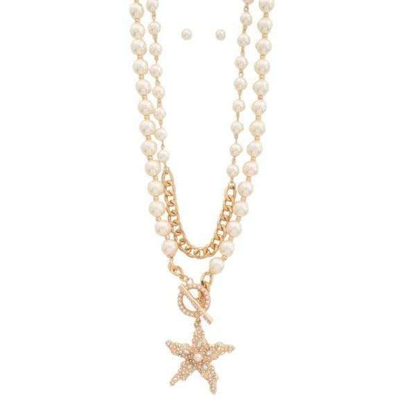 Star pendant pearl bead toggle clasp layered necklace