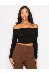 Bardot ribbed long sleeve crop top