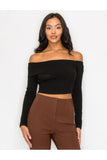 Bardot ribbed long sleeve crop top