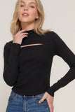 Long slv mock neck kyehole rib knit top