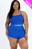 Plus Size Ribbed Cami Crop Top & Ruched Shorts Set