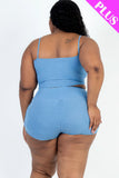 Plus Size Ribbed Cami Crop Top & Ruched Shorts Set