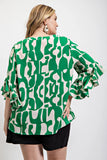 Geometric print ruffled bell sleeve woven top