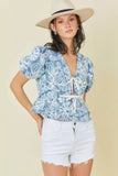 Denim Embroidered Crop Top With Front Tie Detail