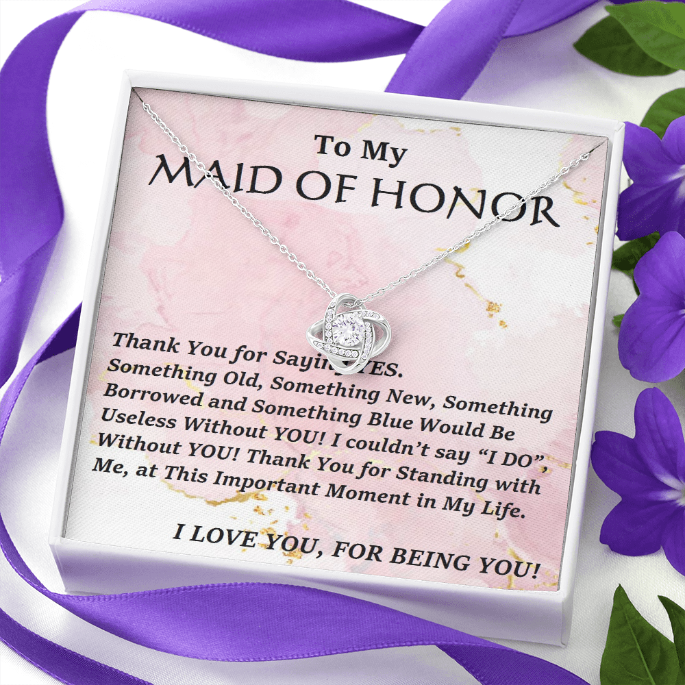 Love Knot Necklace, For Her, Maid Of Honor, Bridal Jewelry, Wedding. Thank You Gift, with Custom Message Card